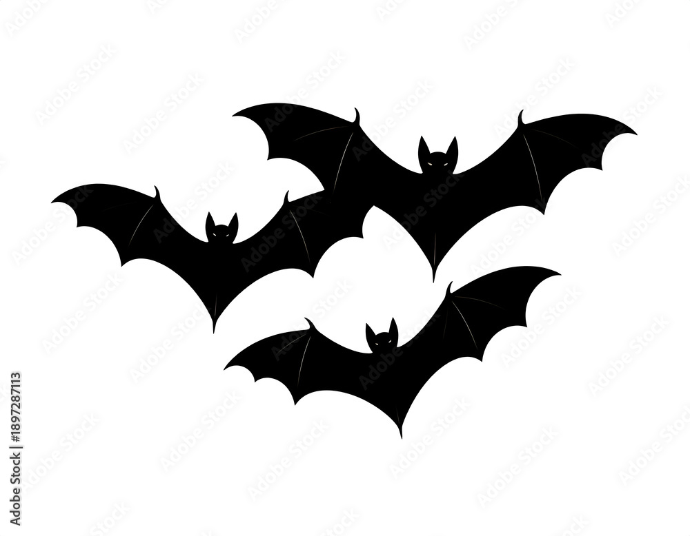 Fototapeta premium Silhouette of multiple bats flying together in a dark environment from a direct viewpoint