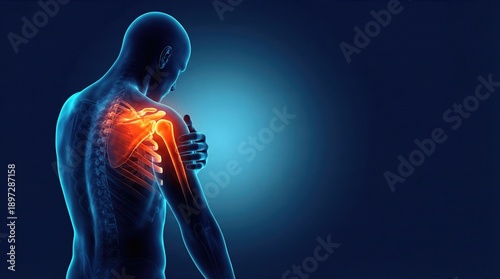 3D rendered male anatomy showing skeleton and shoulder pain on blue background