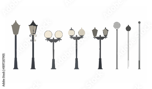 Decorative park lamp post vector collection with vintage and modern street lights