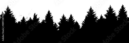 Tree silhouettes with sharp conical shapes in black on white background, minimalist woodland forest scene, vector graphic, high contrast, scalable, silhouette style for nature-related designs