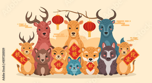 Festive animals and pets celebrating Lunar New Year with red envelopes and lanterns in a joyful illustration
