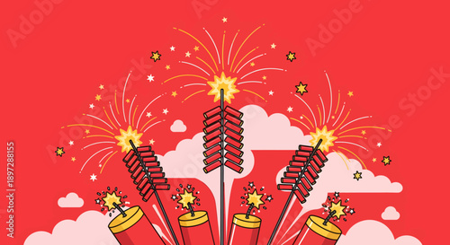 Fireworks exploding above cartoon characters on red background from a low viewpoint