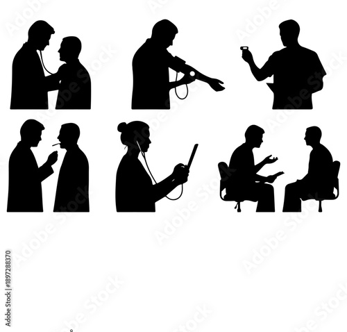 Doctor-patient interaction in silhouette: medical examination and consultation Vector