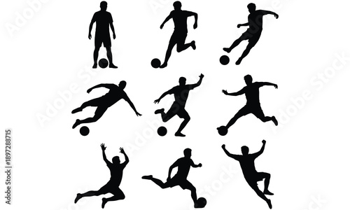 Set of silhouetted soccer players in various dynamic poses capturing the essence of athletic movement and competition on a white background for design projects.