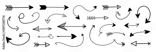Arrows doodle set with black curved lines and various arrow styles including straight, curved, and dotted designs, illustrating direction, movement, flow, navigation, and dynamic pathways.