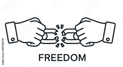 Hands breaking chains symbolizing freedom and liberation in a linear graphic