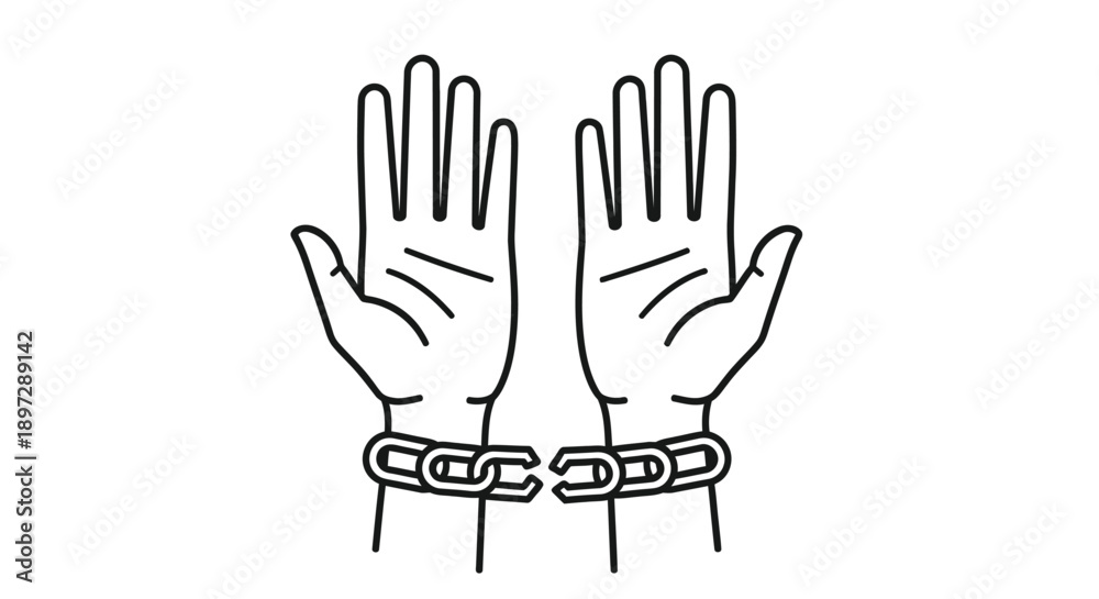 Fototapeta premium Two hands palms facing forward are connected by a chain in this illustration