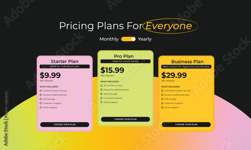 Subscription Price Plan Infographic Template. Subscription plan for online service, SaaS concept software Vector.Business subscription plan web ui element.
