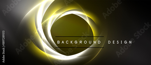 Abstract golden layers create circular glow. Dark background emphasizes bright, dynamic design elements. Simple text labels composition.