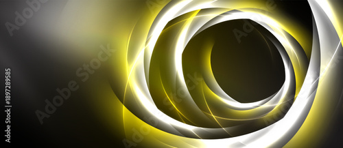 Abstract golden swirls, dynamic lines, dark background. Bright energy radiates from central point, creating visual impact.