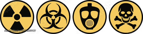 Set hazard danger yellow vector signs. Radiation sign, Biohazard sign, Toxic sign, Gas mask.