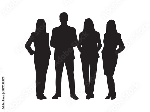 Silhouettes of people working group of standing business men and woman vector illustration. Business people, set of vector silhouettes style