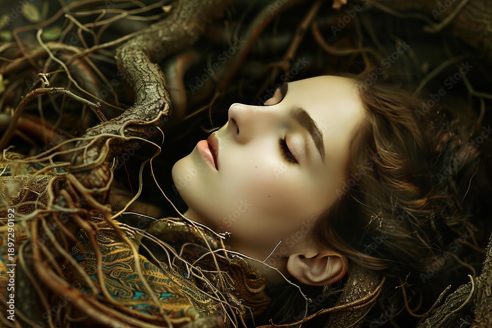 Obraz premium Portrait of a beautiful model sleeping peacefully surrounded by tree roots, creating a magical and surreal atmosphere
