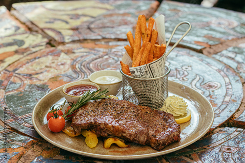 Saftiges Steak auf einem bunten Tisch serviert