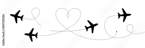 Airplanes flying with heart-shaped trails and dashed flight paths, minimalistic black silhouette style, aviation-themed flying icons, romantic aviation motif, clean vector design for travel and love c