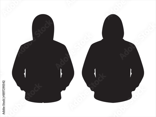 Two black hooded sweatshirts on isolated view to Front and Back. Set of long sleeve hoodie jacket vector illustration 