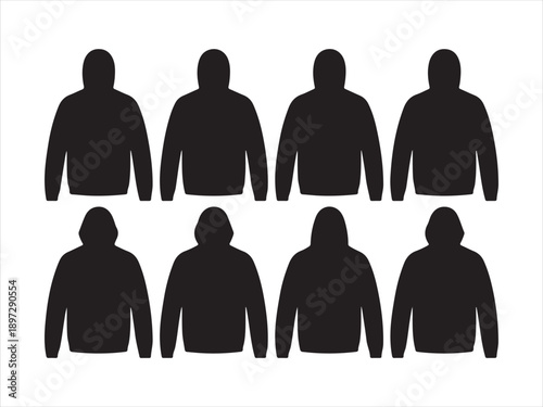 Two black hooded sweatshirts on isolated view to Front and Back. Set of long sleeve hoodie jacket vector illustration 