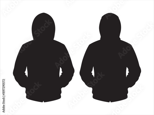 Two black hooded sweatshirts on isolated view to Front and Back. Set of long sleeve hoodie jacket vector illustration 