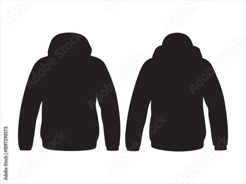 Two black hooded sweatshirts on isolated view to Front and Back. Set of long sleeve hoodie jacket vector illustration 