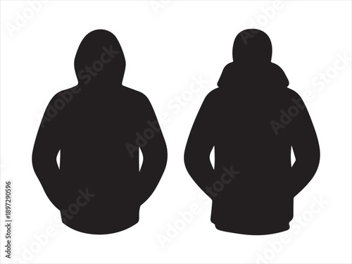Two black hooded sweatshirts on isolated view to Front and Back. Set of long sleeve hoodie jacket vector illustration 