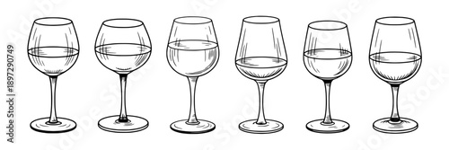 Glass wine glass collection with detailed line art, elegant design, transparent appearance, realistic shading, suitable for bar, restaurant, or cocktail event decoration