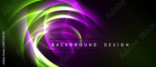 Vibrant abstract swirls, green, purple hues dominate. Dark background creates dramatic visual effect. Modern design element.