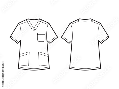 Medical Scrub Shirt Front and Back Outline, Vector fashion, short sleeve medical scrub shirt front back flat, uniform, illustration outline vector