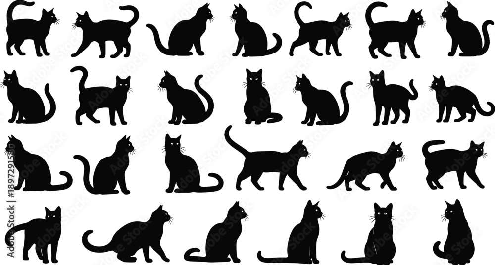 Fototapeta premium Black cat silhouette set, domestic feline poses collection, kitten sitting and walking icons, animal pet vector isolated on white background, nursery