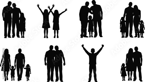 Collection of family silhouette icons, happy parents with children, couples holding hands, people jumping, diverse human figures for community projects.