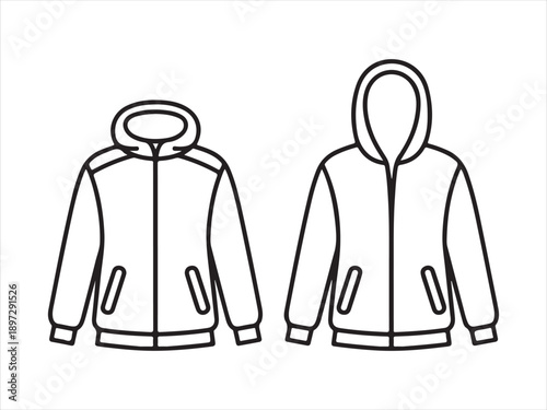Hoodie technical drawing, Front and back hoodie technical sketch with zipper pockets hood drawing flat vector illustration