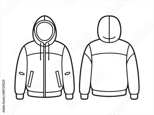 Hoodie technical drawing, Front and back hoodie technical sketch with zipper pockets hood drawing flat vector illustration