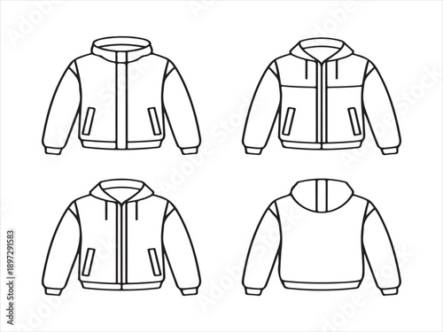 Hoodie technical drawing, Front and back hoodie technical sketch with zipper pockets hood drawing flat vector illustration