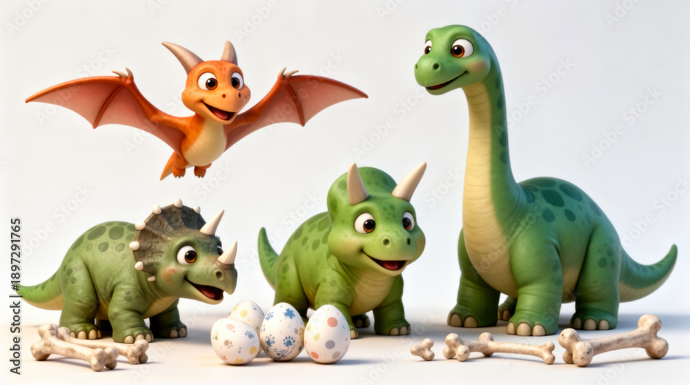 Naklejka premium Playful Cartoon Dinosaur Family Gathering Around Eggs and Bones - Triceratops, Stegosaurus, Brontosaurus, and Pterodactyl Illustration