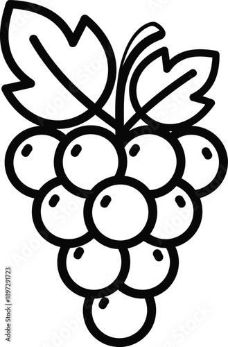 Simple outline illustration of a fresh bunch of grapes with two leaves, perfect for a vineyard logo, food icon, or wine-related design element conveying natural sweetness