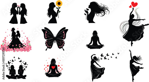 Collection of Female Silhouettes Featuring Yoga Poses Dancing Women Flowers Butterflies and Heart Symbols Representing Beauty Wellness Love and Graceful Femininity.