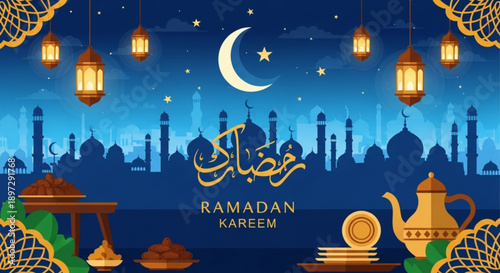 Ramadan kareem illustration with mosque silhouette crescent moon lanterns and traditional arabic tea set on blue background