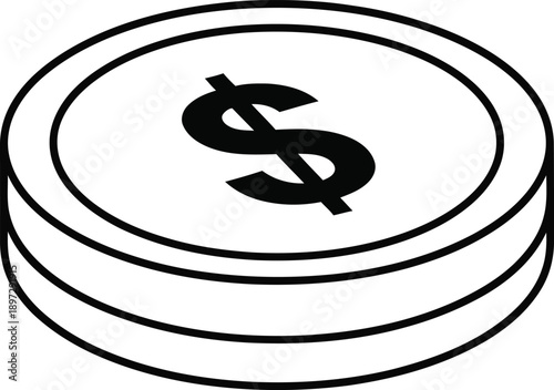 Vector illustration of a stacked dollar coin with a clear, crisp dollar sign, symbolizing currency, finance, and monetary value in a monochrome design