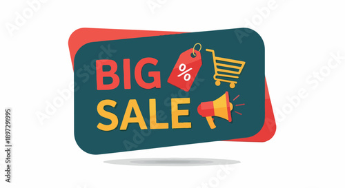 Big Sale Announcement with Shopping Cart, Megaphone and Percentage Discount Tag - Promotional Graphic Design