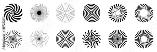 Spiral pattern icons set with black lines of varying swirl complexity, radial symmetry, abstract hypnotic motifs, minimalistic style, suitable for graphic design, digital art, pattern creation, visual