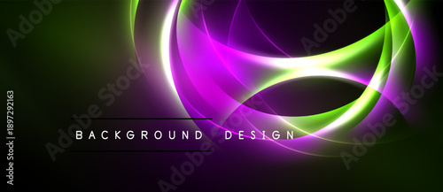 Abstract design features vibrant curves, glowing lines. Dark background contrasts bright green, purple hues. Text reads background design.