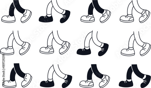 Walking Legs Icon Set Showing Step Movement and Character Foot Animation in Vector Style