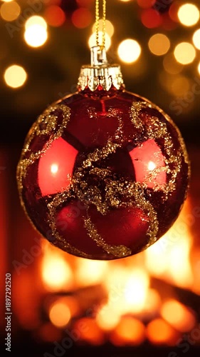 Festive Christmas Ornaments with Warm Fireplace Background Loopable Animation