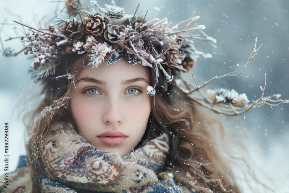 Fototapeta premium Snow falls gently on a beautiful woman wearing a crown of pine cones and a warm scarf in a winter wonderland