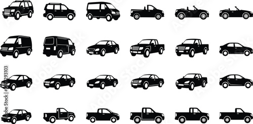 Collection of various car silhouettes featuring sedans pickup trucks suvs vans and convertibles isolated on white background for automotive transport design,