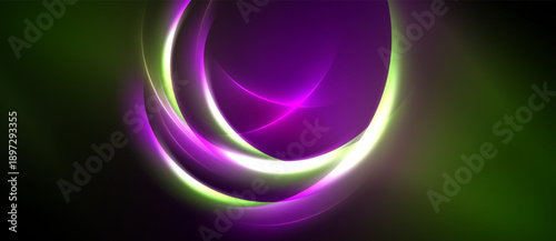 Abstract design features vibrant purple, green glows. Circular shapes overlap creating dynamic visual effect. Dark background enhances luminosity.