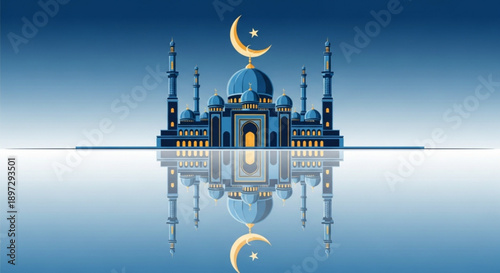 Islamic mosque with crescent moon and reflection in water at dusk blue architecture and minarets