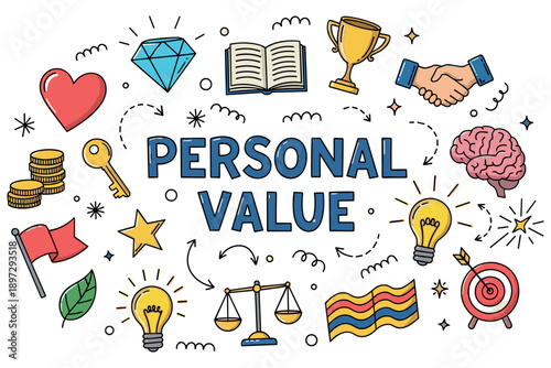 Personal value concept with illustrations of success, knowledge, and balance