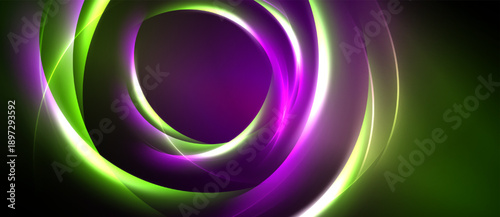 Abstract swirls, vibrant purple, green hues. Dynamic light effects create circular motion, modern design. Smooth gradients, dark background.