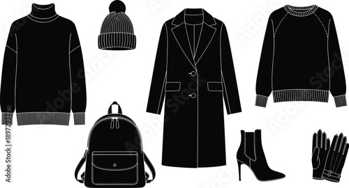 Collection of winter fashion silhouettes including coat sweater turtleneck beanie hat backpack leather gloves and high heel boots on white background,
