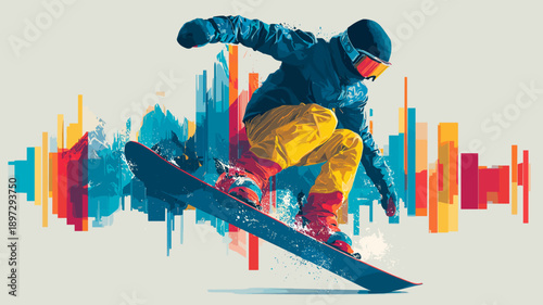 Snowboarding graphic art effect poster. Snowboarding dynamic multicolor graphic wallpaper or banner